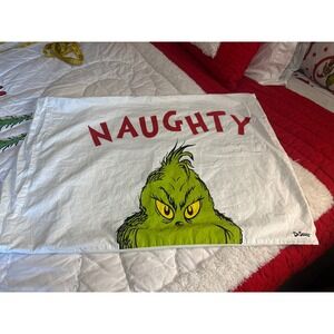 PBteen Dr Seuss Grinch Naughty Pillowcase Standard Cotton White Christmas green